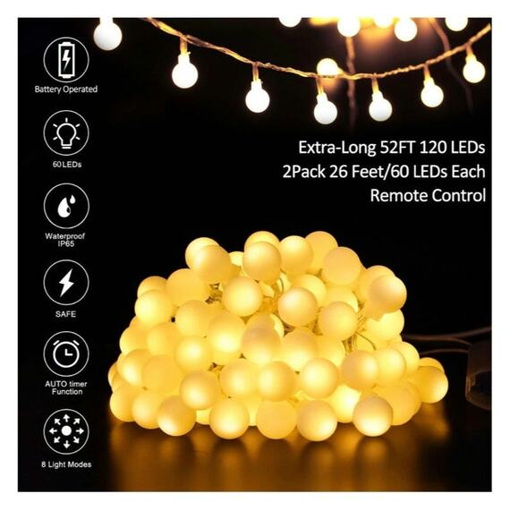 Battery Operated LED String Lights 2-Pack 26FT 60LED 8 Mode Waterproof W/ Remote - Picture 4 of 8
